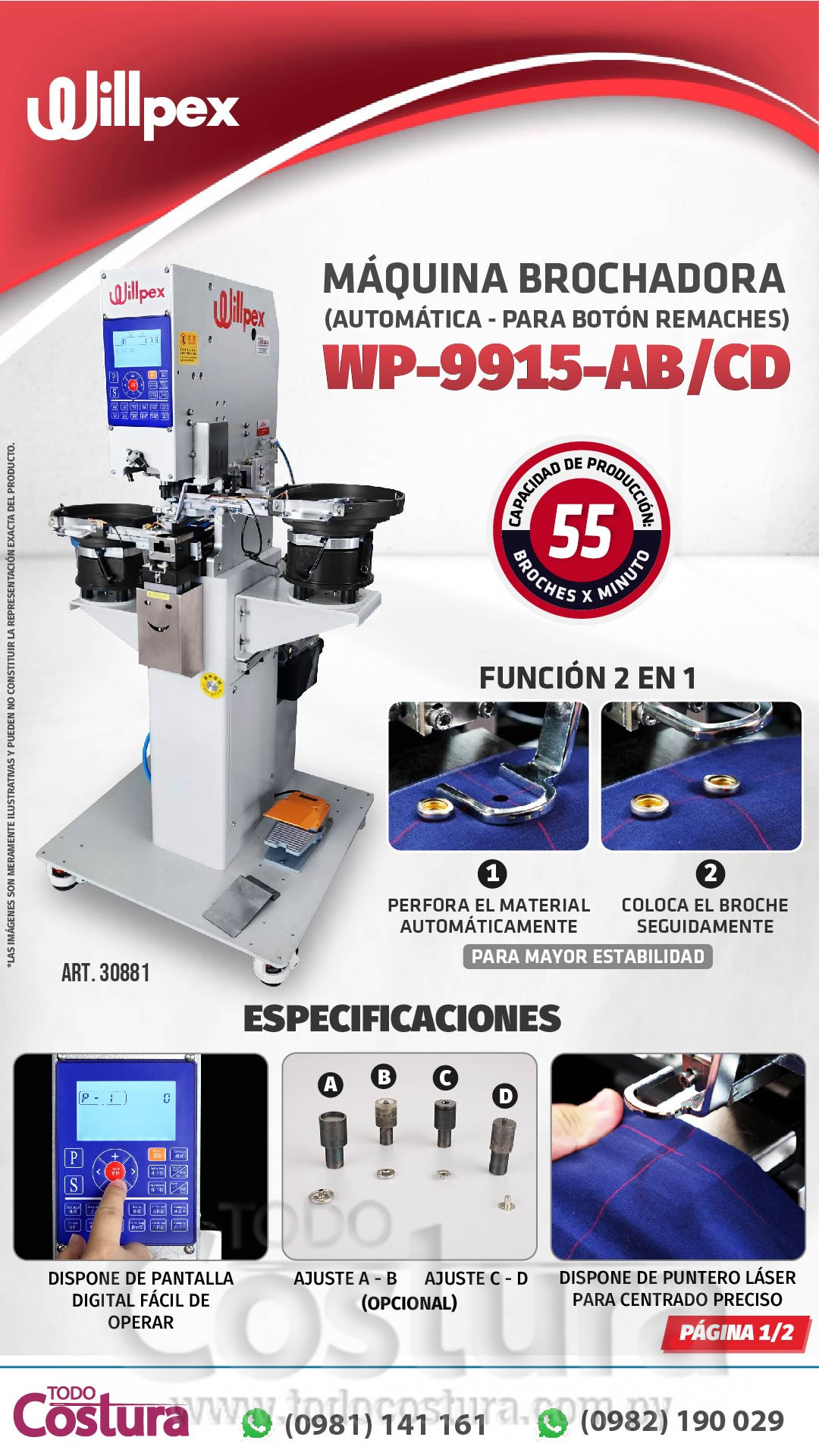 MAQUINA BROCHADORA (AUTOMATICA - PARA BOTON REMACHES) WILLPEX WP-9915-AB / WP-9915-CD